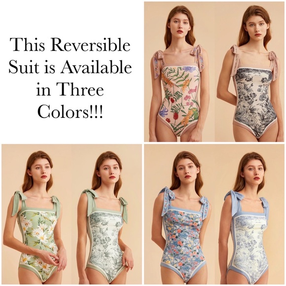 Retro Pale Green and White Floral Reversible Swimsuit with Shoulder Ties - Picture 7 of 16